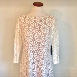 NWT Jessica Howard White and Cream Lace Overlay 3/4 Sleeve Bateau Dress Size 8